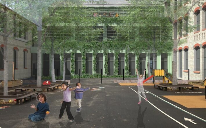 Vue 3D du projet final de végétalisation quasi-totale de la cour de la maternelle Rabelais à Montrouge- Crédits photo : Ville de Montrouge